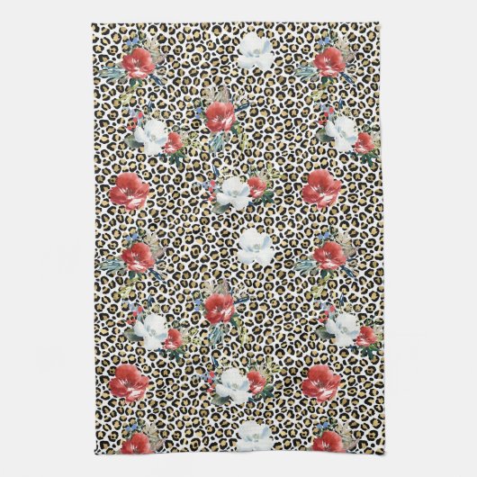 Gouden Luipaard Print Rood Wit Bloemen Theedoek (Verticaal)