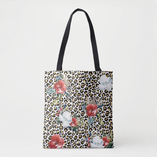 Gouden Luipaard Print Rood Wit Bloemen Tote Bag (Voorkant)