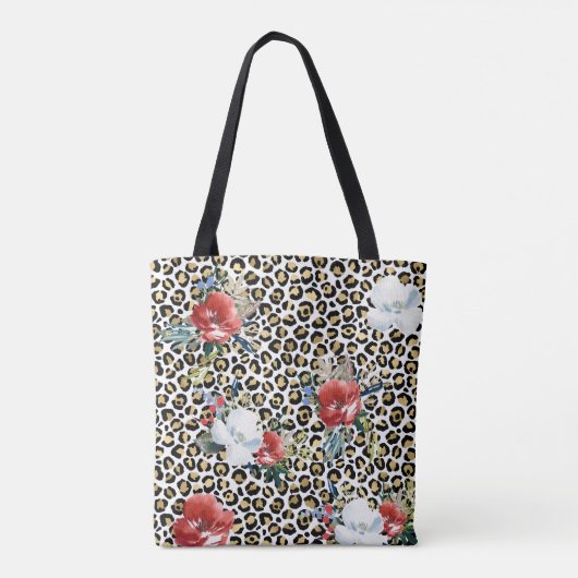 Gouden Luipaard Print Rood Wit Bloemen Tote Bag (Achterkant)