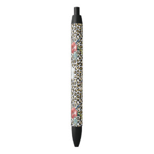 Gouden Luipaard Print Rood Wit Bloemen Zwarte Inkt Pen