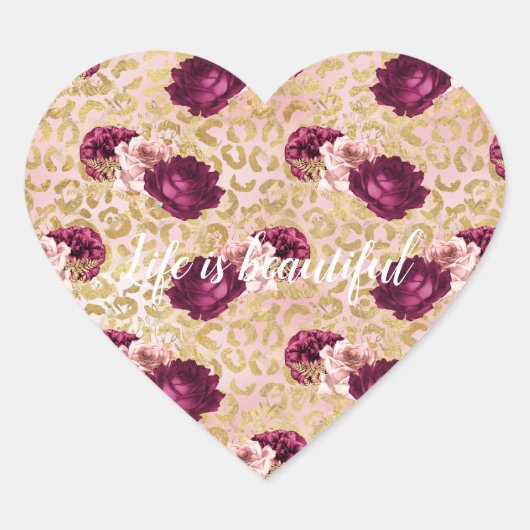 Gouden Luipaard Print Roze Rozen Bloemen Hart Sticker (Voorkant)