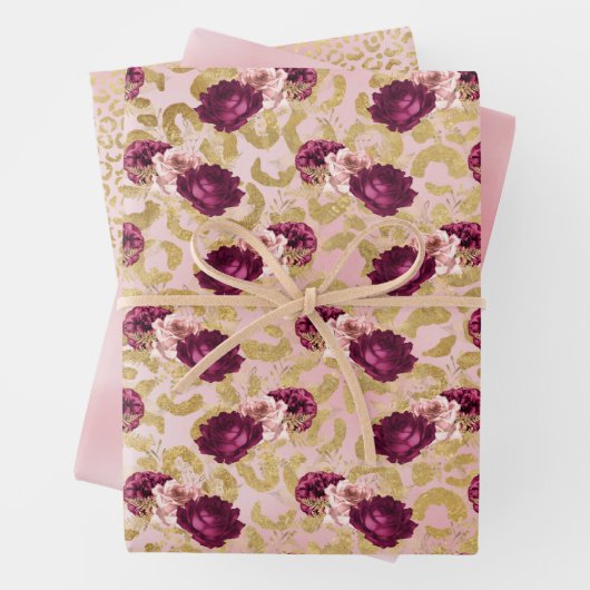 Gouden Luipaard Print Roze Rozen Bloemen Inpakpapier Vel (In situ)