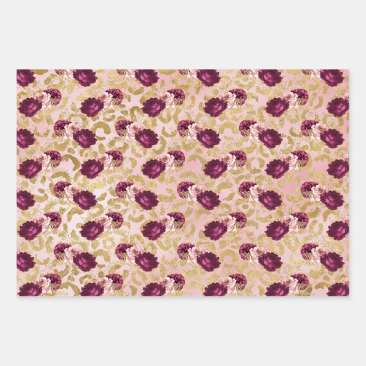 Gouden Luipaard Print Roze Rozen Bloemen Inpakpapier Vel (Voorkant)