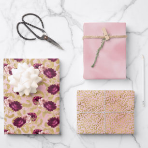 Gouden Luipaard Print Roze Rozen Bloemen Inpakpapier Vel