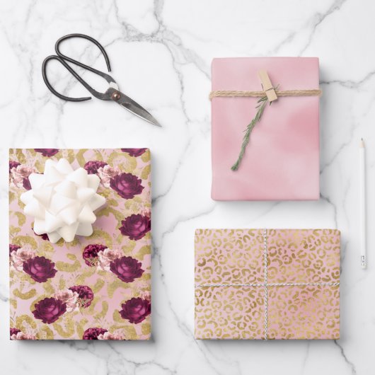 Gouden Luipaard Print Roze Rozen Bloemen Inpakpapier Vel (Voorkant)