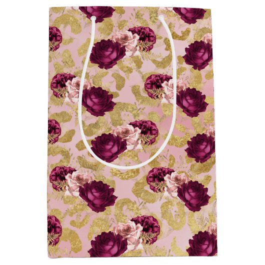 Gouden Luipaard Print Roze Rozen Bloemen Medium Cadeauzakje (Voorkant)