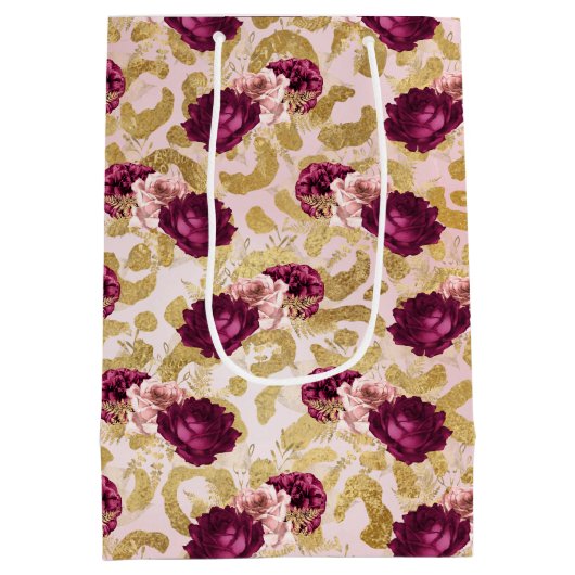 Gouden Luipaard Print Roze Rozen Bloemen Medium Cadeauzakje (Achterkant)