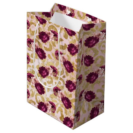 Gouden Luipaard Print Roze Rozen Bloemen Medium Cadeauzakje (Achterkant Gekanteld)