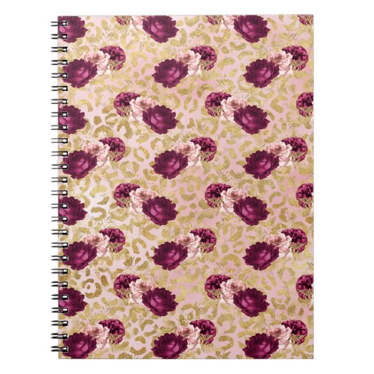 Gouden Luipaard Print Roze Rozen Bloemen Notitieboek (Voorkant)