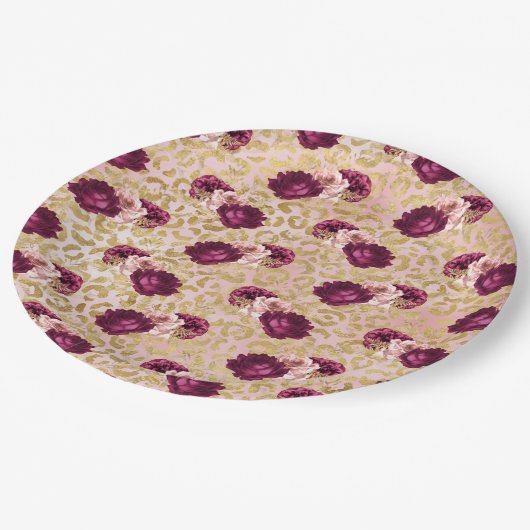 Gouden Luipaard Print Roze Rozen Bloemen Papieren Bordje (Gekanteld)