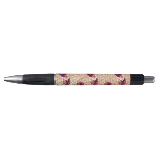 Gouden Luipaard Print Roze Rozen Bloemen Pen (Voorkant)