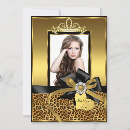 Gouden Luipaardprint Boog Foto Quinceanera Uitnodi Kaart (Voorkant)