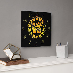 Gouden luxe decoratie hond poot glanzende print zw vierkante klok