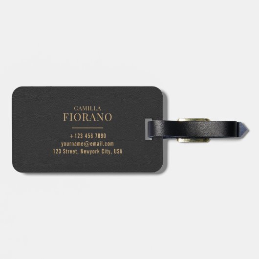 Gouden luxe elegante lederen textuur monogram bagagelabel (Achterkant horizontaal)