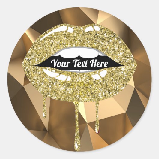 Gouden Luxe Glam Faux Glitter Drip Dripping Lips Ronde Sticker (Voorkant)