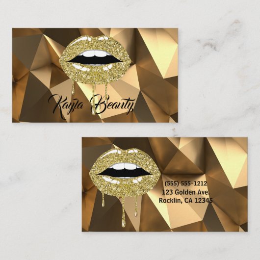 Gouden Luxe Glam Glitter Druppelende Lippen Make-u Visitekaartje (Voorkant / Achterkant)