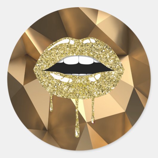 Gouden Luxe Glam Nep Glitters Druppel Lippen Ronde Sticker (Voorkant)