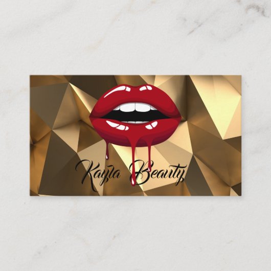 Gouden Luxe Glam Red Drip Druppelende Lippen Make- Visitekaartje (Voorkant)