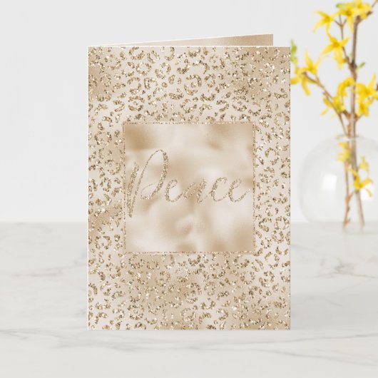 Gouden Luxe Glitter Leopard Print Vrede Kerstmis Kaart (Gele Bloem)