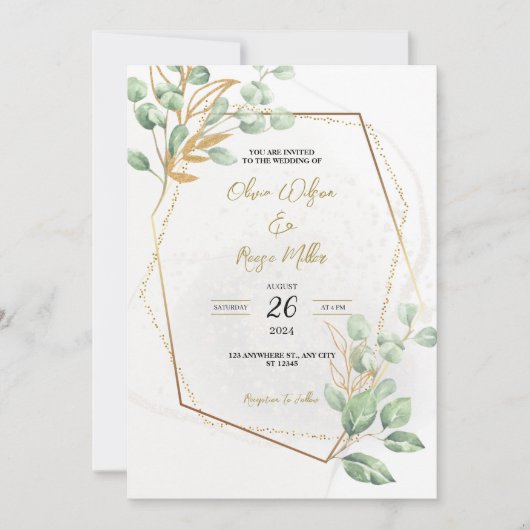 Gouden luxe groen bloemenchique elegante bruiloft kaart (Voorkant)