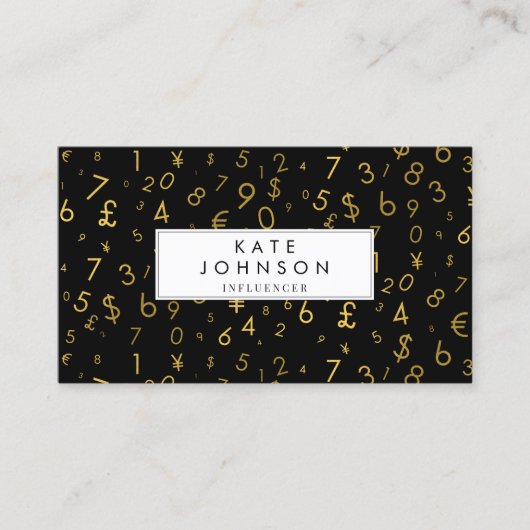 Gouden luxe nummer & valutasymbolen Influencer Visitekaartje (Voorkant)