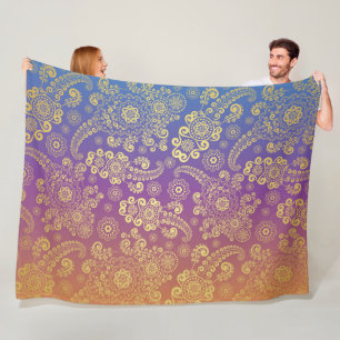 Gouden Luxe Paisley op Blauw, Paars en Oranje Fleece Deken