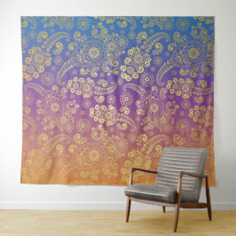 Gouden Luxe Paisley op Blauw, Paars en Oranje Wandkleed