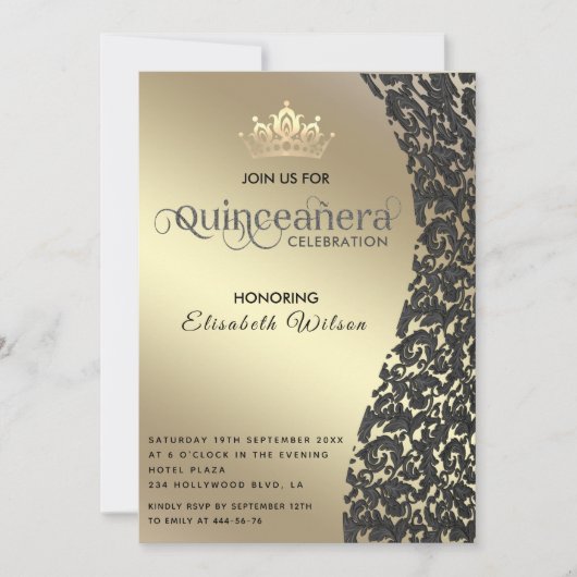 gouden luxedamast tiara Quinceañera Invi Kaart (Voorkant)