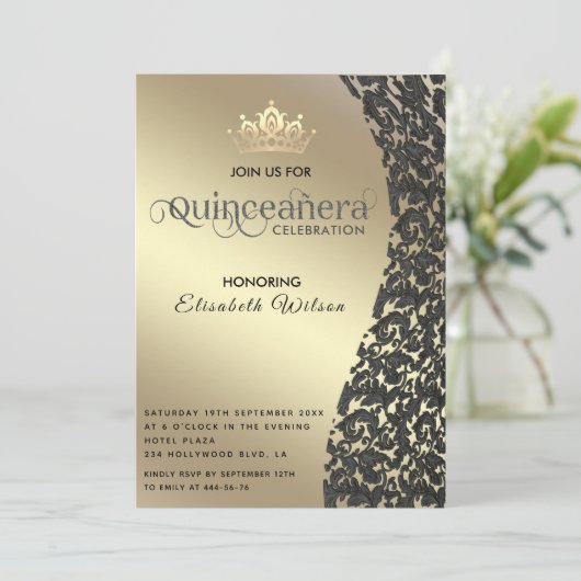 gouden luxedamast tiara Quinceañera Invi Kaart (Staand voorkant)