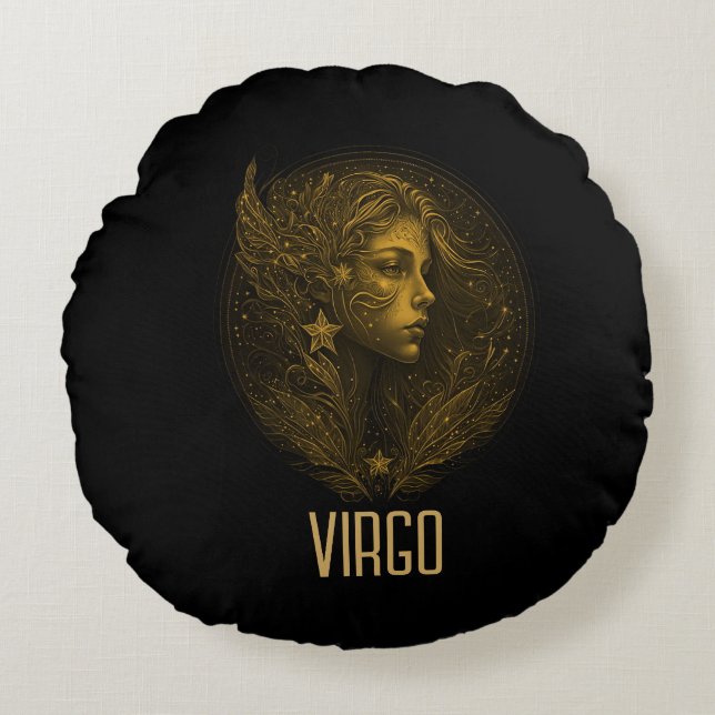 Gouden Maagd klassiek sterrenbeeld zwart Rond Kussen (Voorkant)