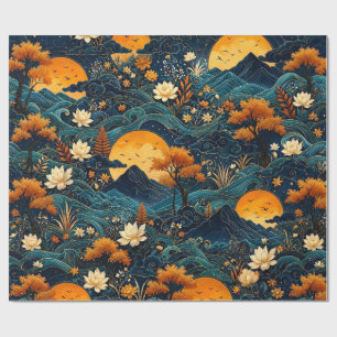 Gouden Maan Berg Nachtelijke Hemel Lotus Bloemmoti Cadeaupapier