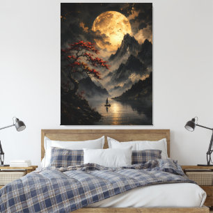 Gouden Maan Berglandschap – Japanse Mystieke W Canvas Afdruk
