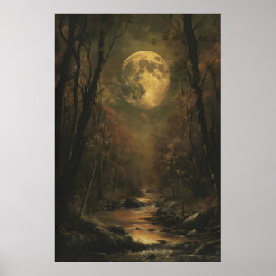 Gouden Maan Donker Bos Kunst Afdrukbaar, Donker Poster