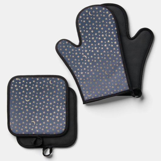 Gouden Maan en Sterren Nachthemel Ovenwant & Pannenlap Set (Voorkant / Achterkant)