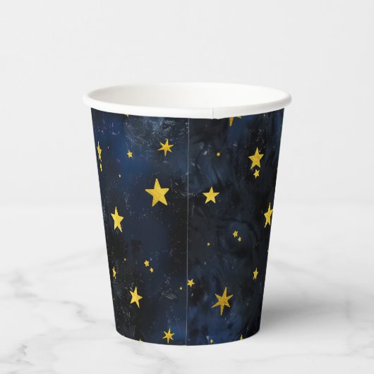 Gouden Maan en Sterren op Donkerblauw Marmer Papieren Bekers (Rechts)
