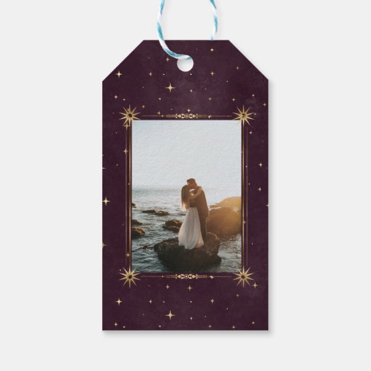 gouden maan hemelsnaam, red de datumfoto cadeaulabel (Achterkant)