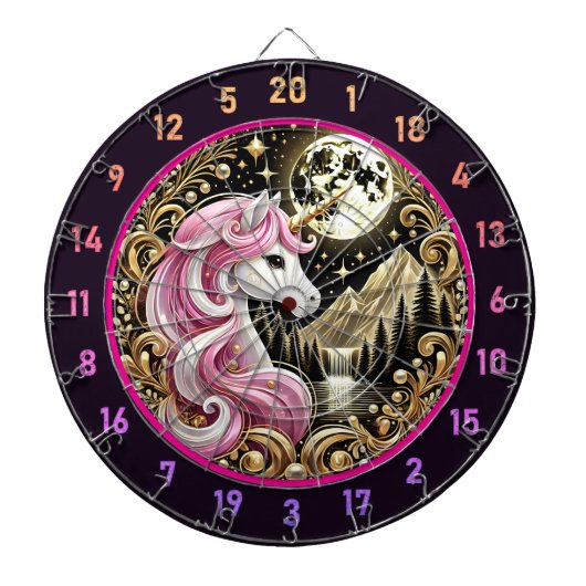 Gouden Maan Hoogtepunten Majestueuze Roze Eenhoorn Dartbord (Voorkant)