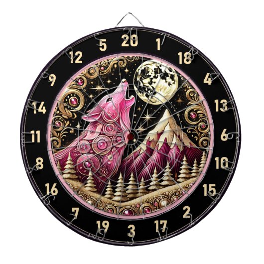 Gouden Maan Omhelst De Elegantie Van Roze Wolf Dartbord (Voorkant)