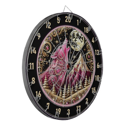 Gouden Maan Omhelst De Elegantie Van Roze Wolf Dartbord (Voorkant Links)