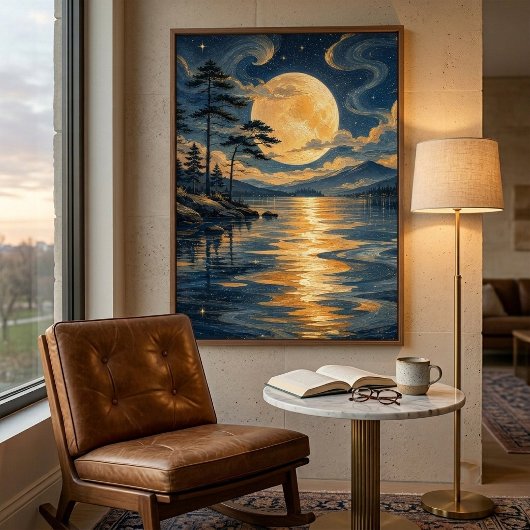 Gouden Maan Over Meer Kunstposter Poster