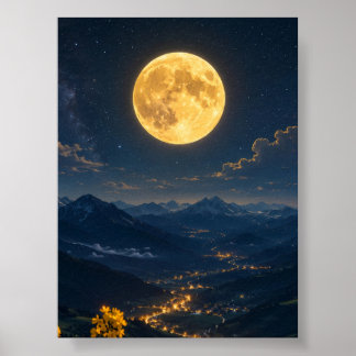 Gouden Maan Over Nachtlandschap van Bergvallei Poster