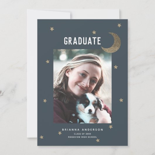 Gouden Maan & Sterren Marine Blauw Afstudeerfeest Kaart (Voorkant)