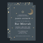 Gouden Maan & Sterren Marine Blauwe Bar Mitswa Kaart<br><div class="desc">Deze eenvoudige en chique Bar Mitswa-uitnodiging heeft een middernachtblauwe / marineblauwe achtergrond met de ster van David,  de faux gold glitter halve maan en sterren. De achterzijde heeft een middernachtblauwe/marineblauwe achtergrond met faux gold folie spatten. Personaliseer het voor uw behoeften. U kunt bijpassende producten vinden in mijn winkel.</div>