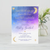 Gouden maan sterren roze waterverf tweeling babysh kaart (Staand voorkant)