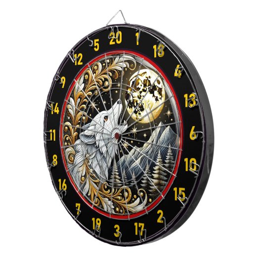 Gouden Maan Verlicht Lone White Wolf Dartbord (Voorkant Rechts)