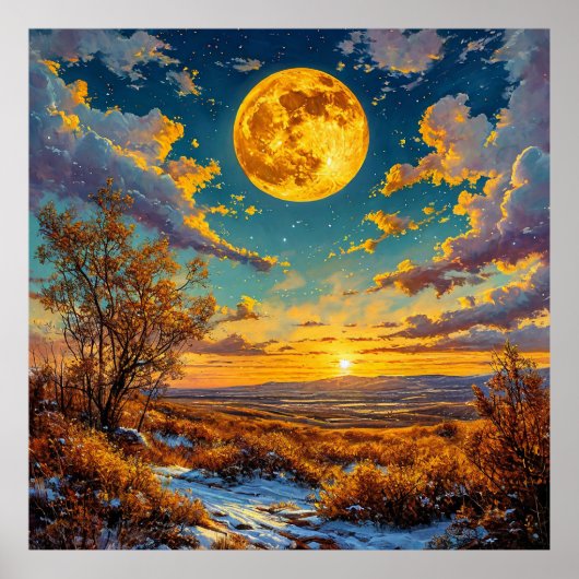 Gouden Maan Zonsondergang Weide Boom Natuur Gloed Poster (Voorkant)