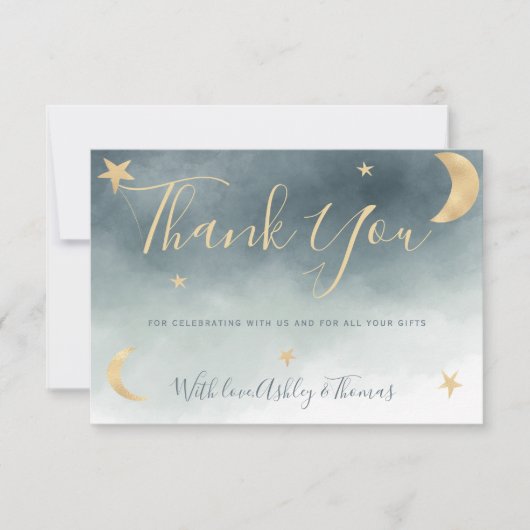 Gouden maansterren blauw foto dank u baby shower bedankkaart (Voorkant)