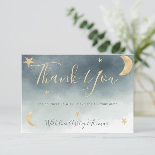 Gouden maansterren blauw foto dank u baby shower bedankkaart (Staand voorkant)