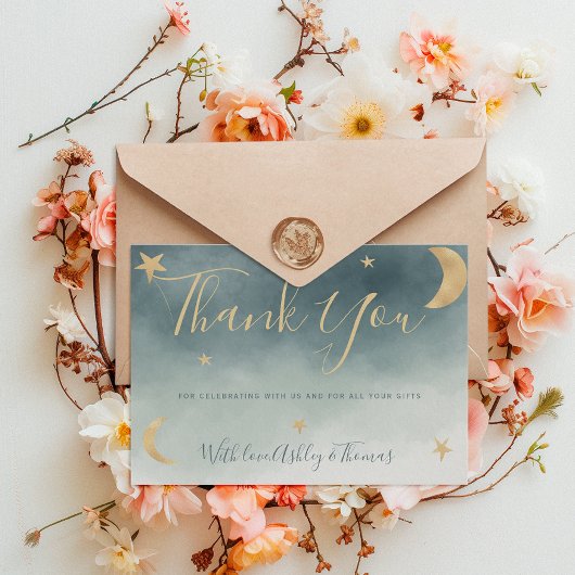 Gouden maansterren blauw foto dank u baby shower bedankkaart