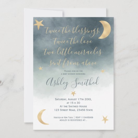 gouden maansterren blauwe waterverf tweeling baby  kaart (Voorkant)